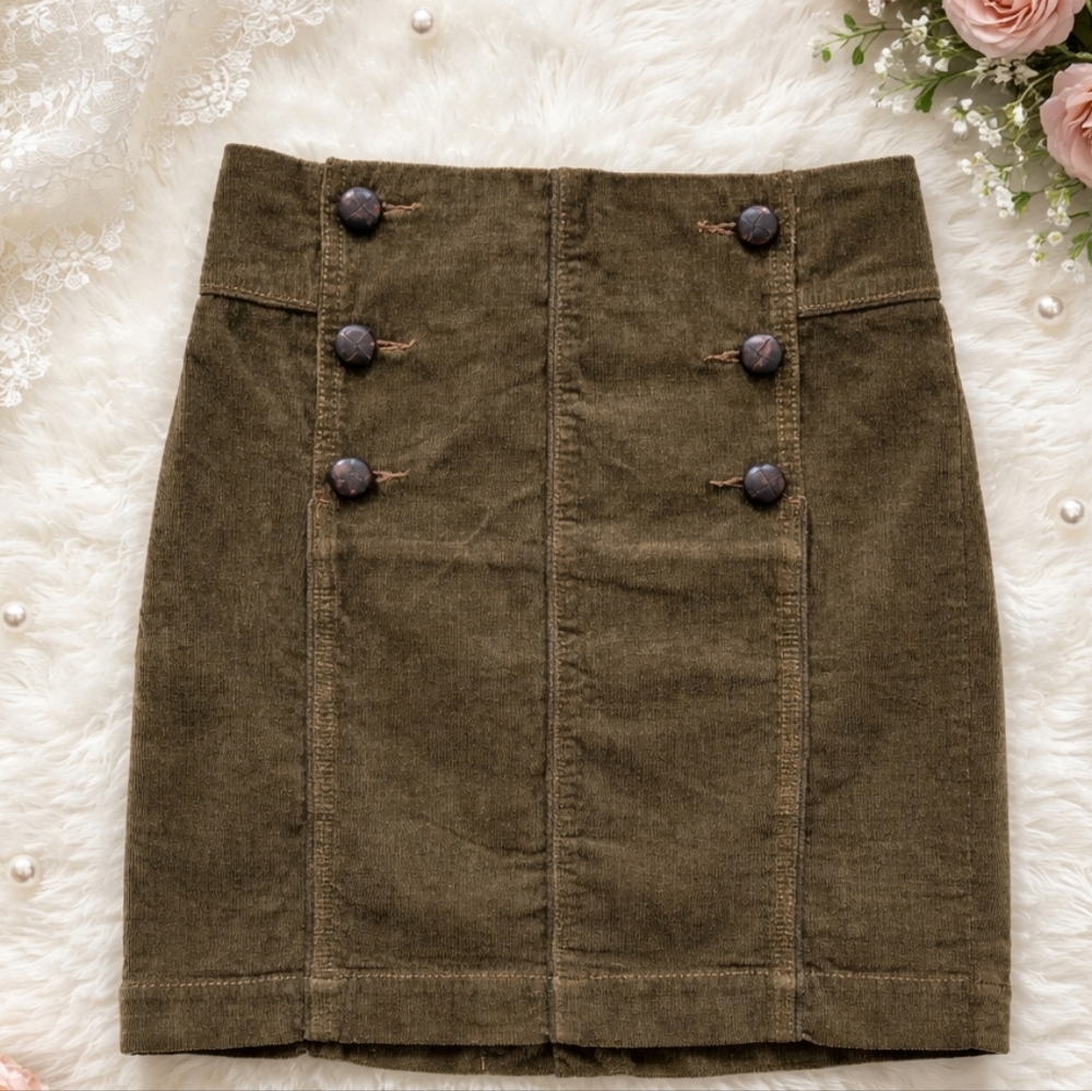 Free People Corduroy Skirt Dark Olive Green Double Button Size 0
